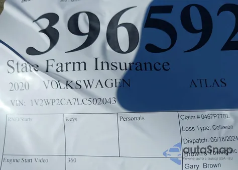 2020 Volkswagen Atlas 2.0T Se W/Technology from USA, damaged, VIN 1V2WP2CA7LC502043